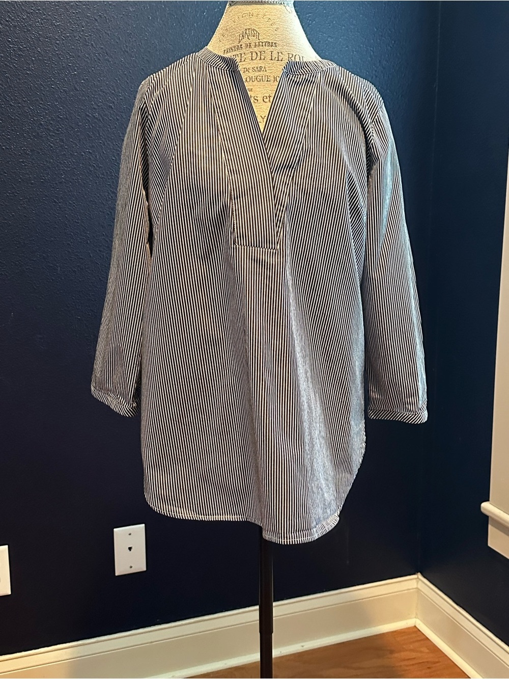 Talbots Black and White Striped V-Neck Top